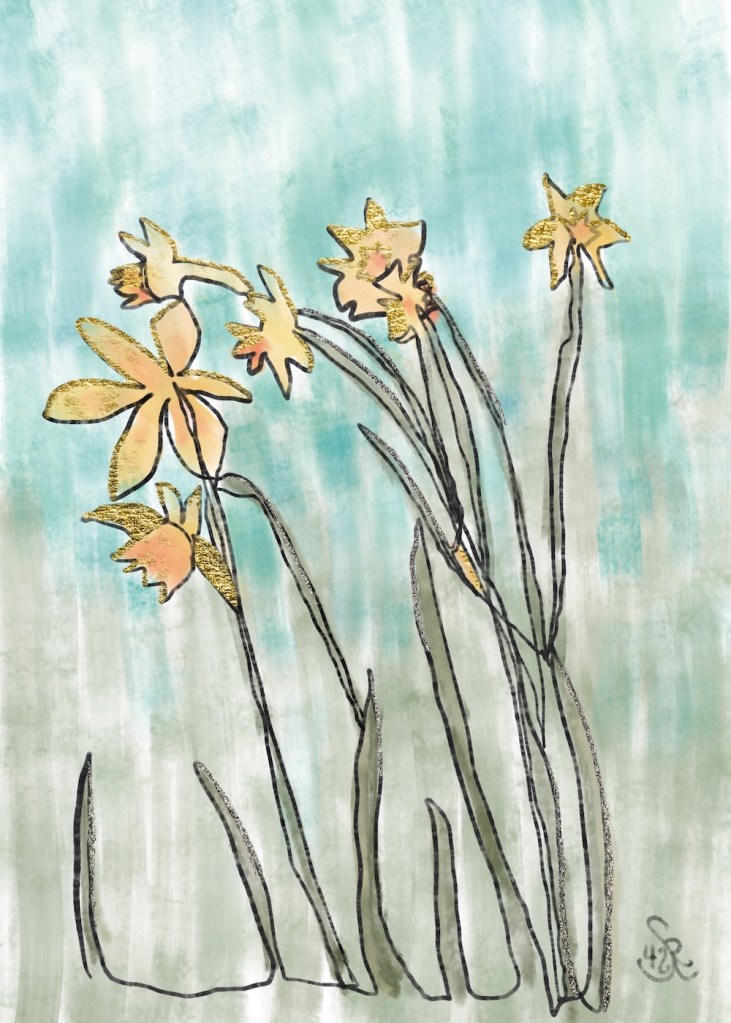with soft hued brush -- daffodils in a contour "one line" sketch with added color by Sheri42