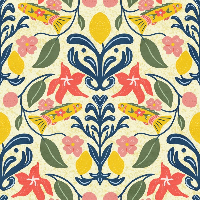 diamond symmetrical design of florals, lemons, fish, starfish, foliage: Mediterranean Hues by Sheri42