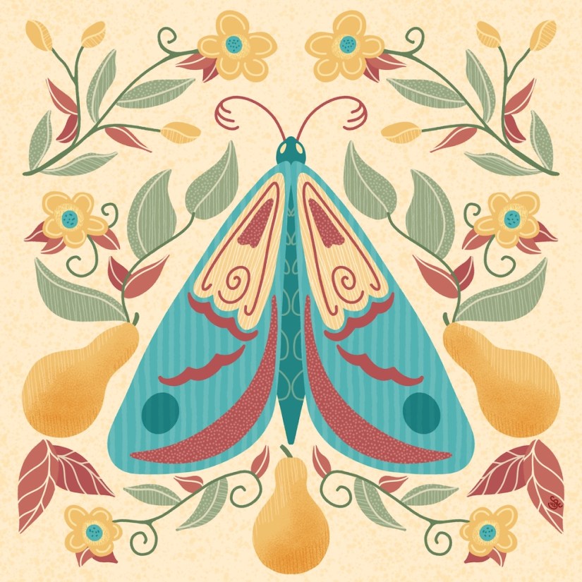 folk art moth and pears symmetry design by Sheri42