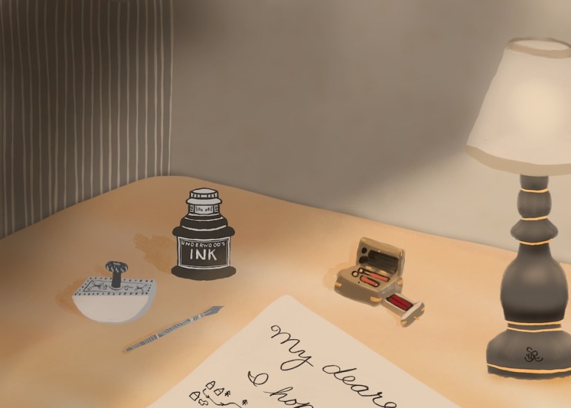 ink, pen, dabber, sealing wax; lamp on desk with written letter with map by Sheri42