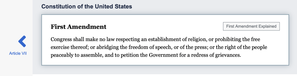 screenshot of First Amendment at https://constitution.congress.gov/constitution/amendment-1/