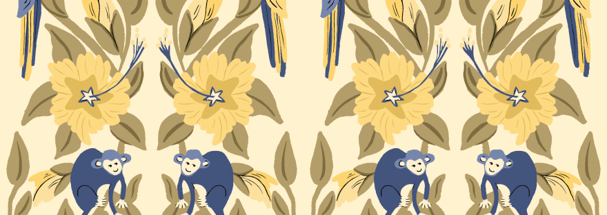 monkeys and parrots in the jungle with hibiscus flowers; by Sheri Edwards Sheri42