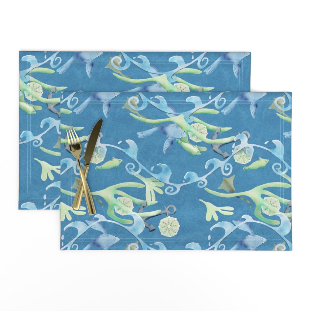 Spoonflower Modern Nautical Coastal Sea Life Stand on the dock on a sunny day to watch the flowing lines of ocean waves over sea life in marine greens and blues; a nautical marine ocean of nature-inspired motifs of fish, seaweed, waves, seashells, stingrays, anchor. Fresh, calm. Sheri42 placemats medium