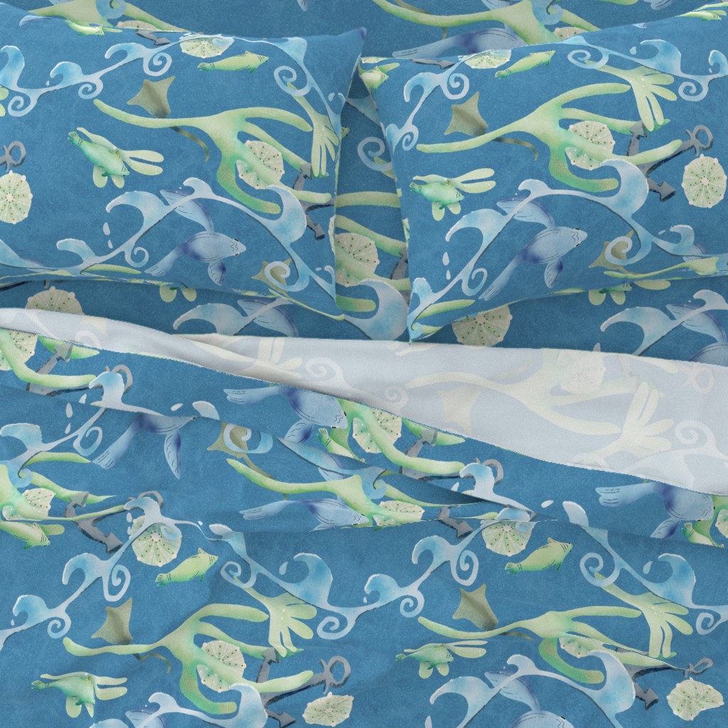 Spoonflower Modern Nautical Coastal Sea Life Stand on the dock on a sunny day to watch the flowing lines of ocean waves over sea life in marine greens and blues; a nautical marine ocean of nature-inspired motifs of fish, seaweed, waves, seashells, stingrays, anchor. Fresh, calm. Sheri42 sheets large