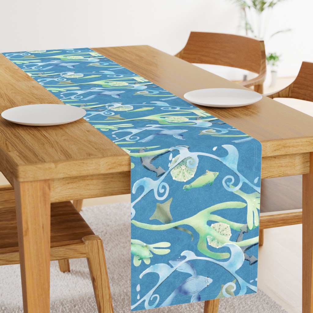 Spoonflower Modern Nautical Coastal Sea Life Stand on the dock on a sunny day to watch the flowing lines of ocean waves over sea life in marine greens and blues; a nautical marine ocean of nature-inspired motifs of fish, seaweed, waves, seashells, stingrays, anchor. Fresh, calm. Sheri42 table runner large