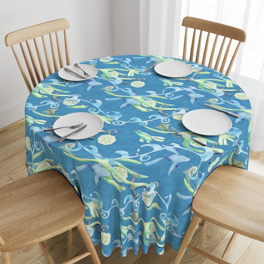 Spoonflower Modern Nautical Coastal Sea Life Stand on the dock on a sunny day to watch the flowing lines of ocean waves over sea life in marine greens and blues; a nautical marine ocean of nature-inspired motifs of fish, seaweed, waves, seashells, stingrays, anchor. Fresh, calm. Sheri42 tablecloth large