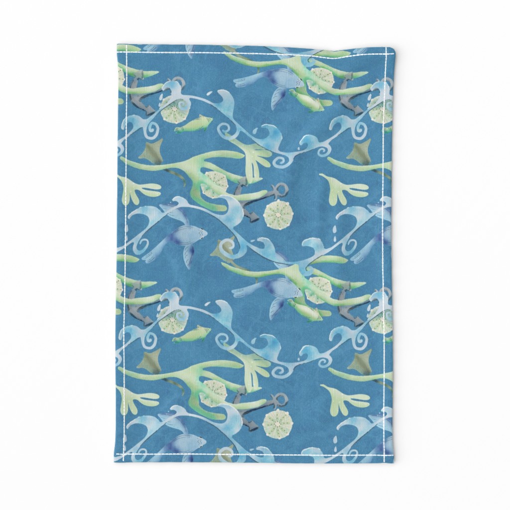 Spoonflower Modern Nautical Coastal Sea Life Stand on the dock on a sunny day to watch the flowing lines of ocean waves over sea life in marine greens and blues; a nautical marine ocean of nature-inspired motifs of fish, seaweed, waves, seashells, stingrays, anchor. Fresh, calm. Sheri42 tea towel medium