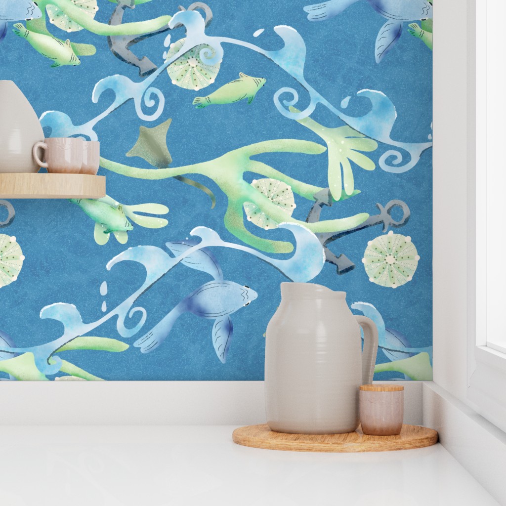 Spoonflower Modern Nautical Coastal Sea Life Stand on the dock on a sunny day to watch the flowing lines of ocean waves over sea life in marine greens and blues; a nautical marine ocean of nature-inspired motifs of fish, seaweed, waves, seashells, stingrays, anchor. Fresh, calm. Sheri42 wallpaper large