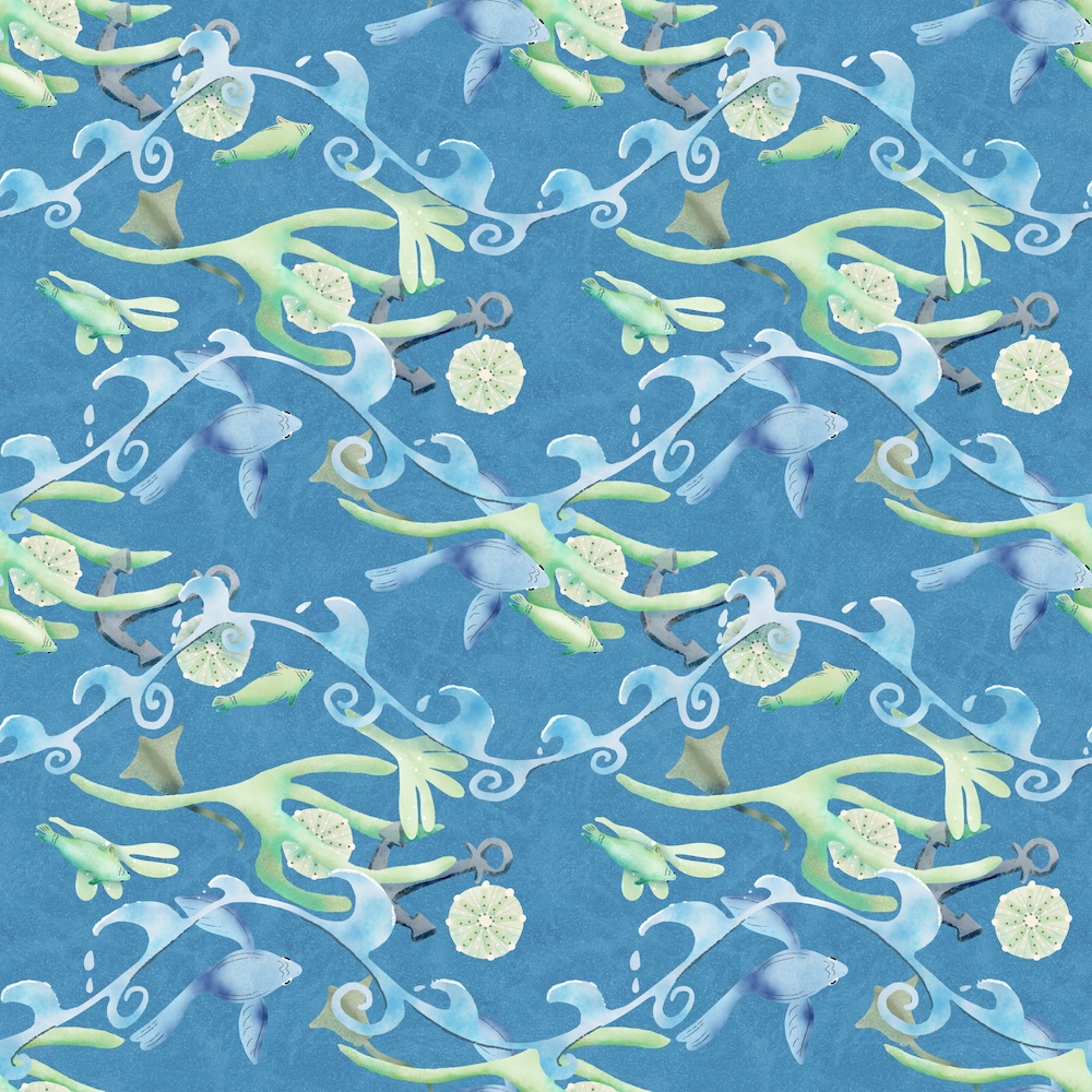 Spoonflower Modern Nautical Coastal Sea Life Stand on the dock on a sunny day to watch the flowing lines of ocean waves over sea life in marine greens and blues; a nautical marine ocean of nature-inspired motifs of fish, seaweed, waves, seashells, stingrays, anchor. Fresh, calm. Sheri42 pattern medium