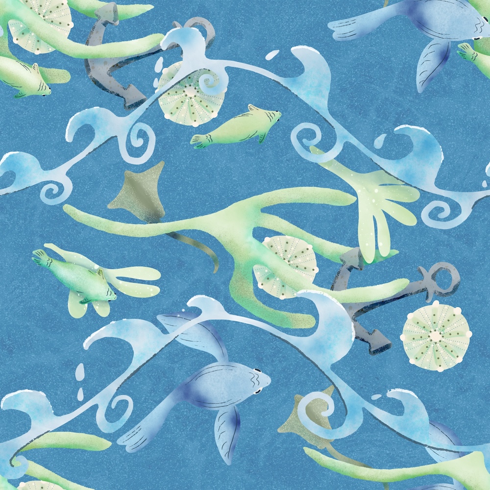 Spoonflower Modern Nautical Coastal Sea Life Stand on the dock on a sunny day to watch the flowing lines of ocean waves over sea life in marine greens and blues; a nautical marine ocean of nature-inspired motifs of fish, seaweed, waves, seashells, stingrays, anchor. Fresh, calm. Sheri42 pattern large