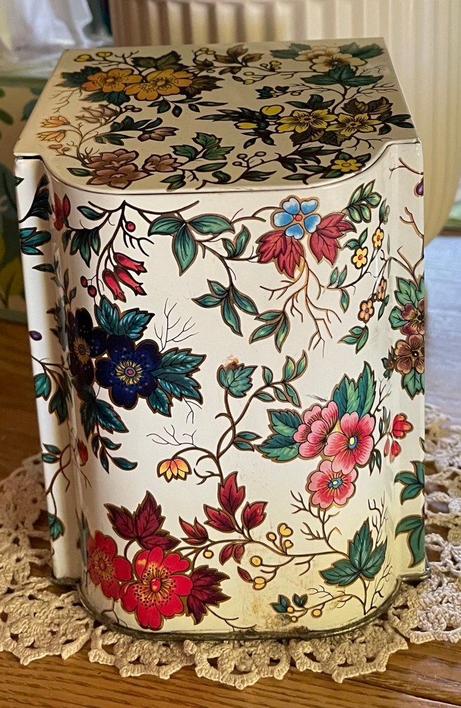 close up of Mom's chintz tin that holds our playing cards/ photo by Sheri42