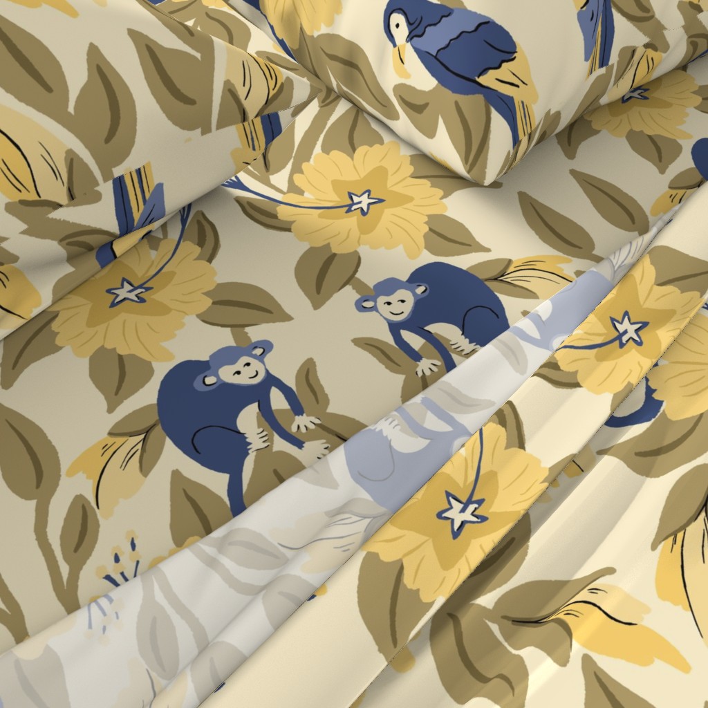 Jungle Monkeys Playful Parrots Nursery Dreams

Inviting symmetrical motifs of hand drawn playful monkeys and parrots hiding among yellow hibiscus in a leafy canopy of lush tropical plants in a soft palette of yellow, blue, and warm greens. Craftsman design perfect for the nursery.  Bedding. Design by Sheri42