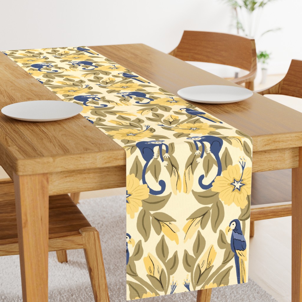 Jungle Monkeys Playful Parrots Nursery Dreams

Inviting symmetrical motifs of hand drawn playful monkeys and parrots hiding among yellow hibiscus in a leafy canopy of lush tropical plants in a soft palette of yellow, blue, and warm greens. Craftsman design perfect for the nursery.  Table Runner. Design by Sheri42