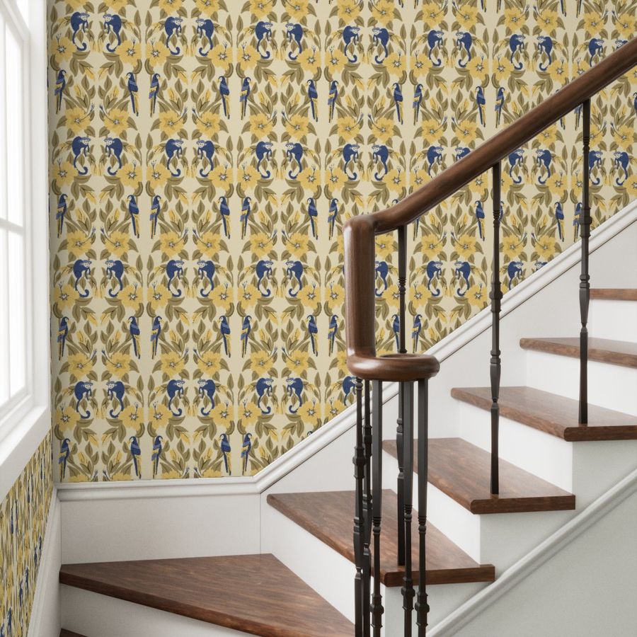 Jungle Monkeys Playful Parrots Nursery Dreams

Inviting symmetrical motifs of hand drawn playful monkeys and parrots hiding among yellow hibiscus in a leafy canopy of lush tropical plants in a soft palette of yellow, blue, and warm greens. Craftsman design perfect for the nursery.  Wallpaper. Design by Sheri42