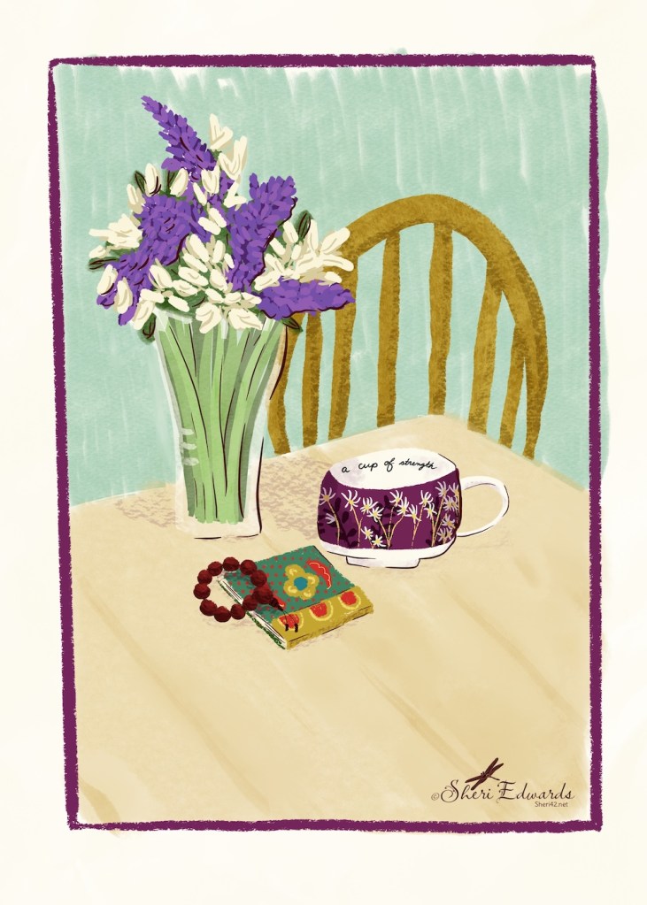 my wonky illustration of my daughter's bouquet and other items on her kitchen table; by Sheri42