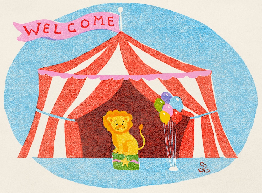 Big Top Carnival with lion and balloons by Sheri42; retro print style