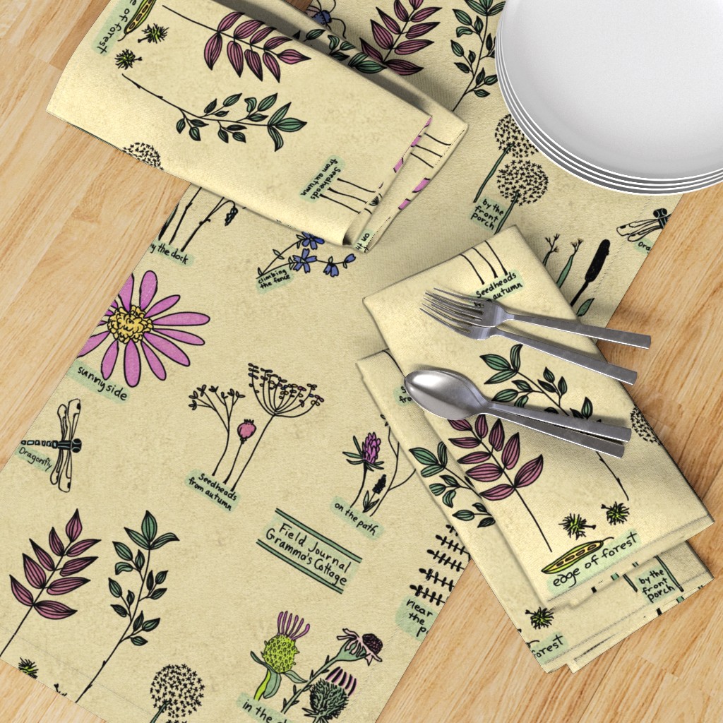 Herbarium Botanical Field Journal for Gramma’s Cottage table runner, napkins, placemats on Spoonflower by Sheri42