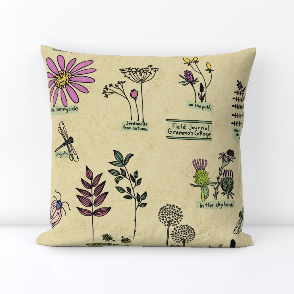 Herbarium Botanical Field Journal for Gramma’s Cottage square pillow by Sheri42 on Spoonflower
