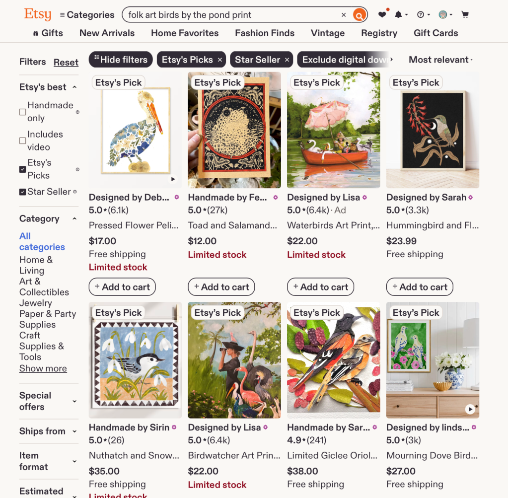 Searching for "folk art birds by the pond print" to see if the topic is one others look for.