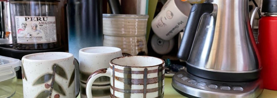 coffee and tea corner in the kitchen on 1970s avocado counter top