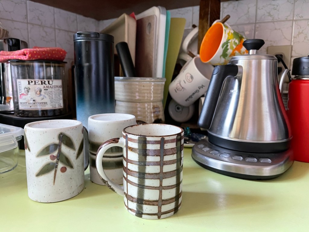 coffee and tea corner in the kitchen on 1970s avocado counter top