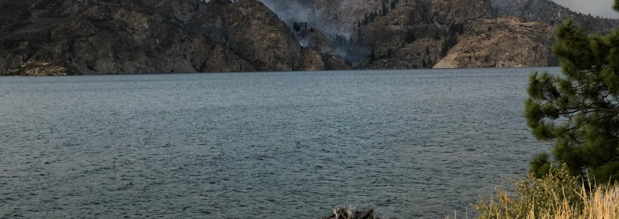 Williams Flats Fire across from Lincoln community on Lake Roosevelt looking north to Colville Reservation on August 2, 2019 8:17 PM by Sheri Edwards