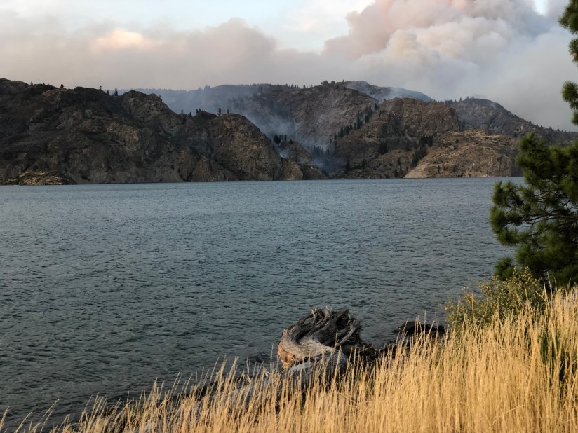 Williams Flats Fire across from Lincoln community on Lake Roosevelt looking north to Colville Reservation on August 2, 2019 8:17 PM by Sheri Edwards