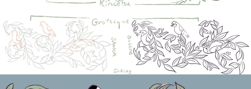 Renaissance Projects: Top: Rinceau style -- sketch/ outline; Lower: Grotesque Style with sketch, outline, and inking by Sheri42
