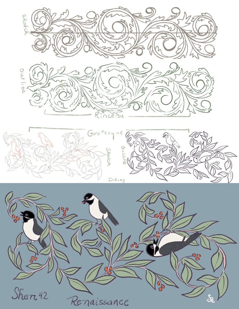 Renaissance Projects:
Top: Rinceau style -- sketch/ outline;
Lower: Grotesque Style with sketch, outline, and inking by Sheri42
