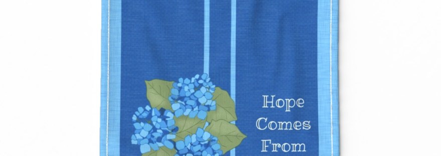 hydrangea hope tea towel by Sheri42: vase of hydrangea blossoms on bold striped background