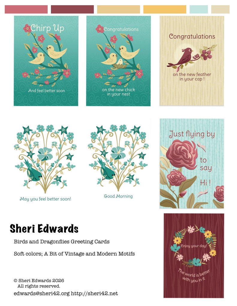Birds and Dragonflies Greeting Cards by Sheri42