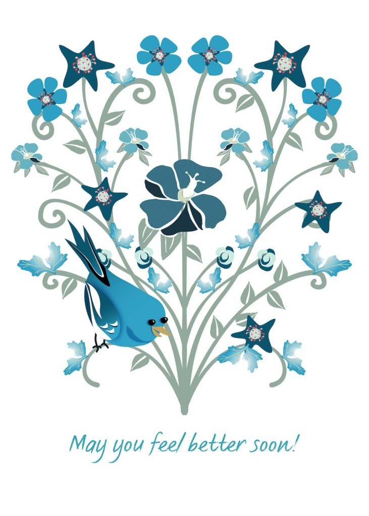 greeting card: bouquet in blue flowers with bluebird and "May you feel better soon!" by Sheri42