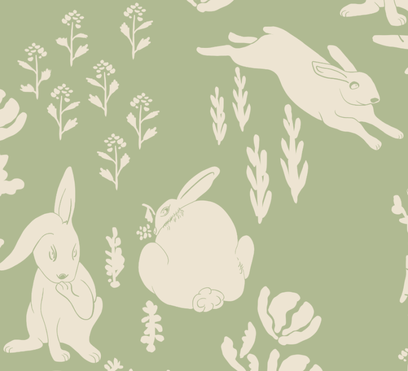 modern toile: Garden Rabbit Shenanigans by Sheri42 in soft green and cream