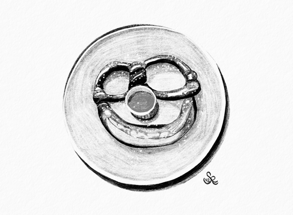 pretzel sketched by drawing in the dark and medium values, erasing as needed for highlights.; by Sheri42